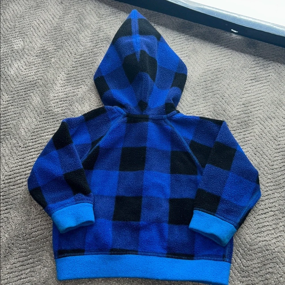 Patagonia Blue and Black Plaid Fleece Hoodie Baby Swirly Top Jacket Size 18M - Picture 5 of 9
